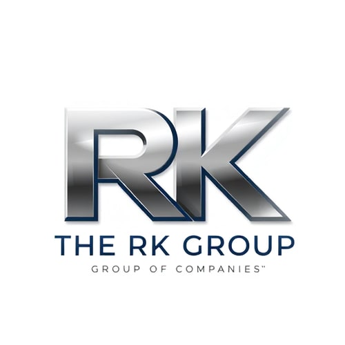 AI Design for Letterform for a diversified conglomerate named "THE RK GROUP GROUP OF COMPANIES": A modern, sleek, and professional 3D logo where the letters "RK" are the prominent feature, forming a strong, interconnected mark with "THE GROUP OF COMPANIES" subtly integrated below or beside. The "R" and "K" should convey stability and innovation. Metallic silver and deep navy blue, with subtle gold accents for prestige, Metallic gradient with sharp edges and subtle beveling, reflecting light to create depth, incorporating a subtle geometric pattern within the metallic sheen. Corporate, architectural, and luxurious. Clean lines, polished surfaces, and a sense of solid structure. Solid, subtle gradient, dark charcoal.