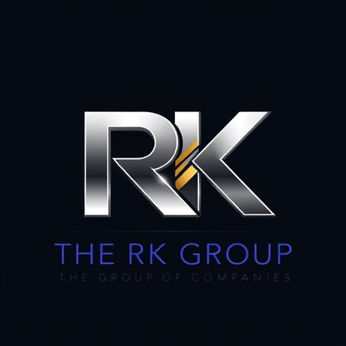 AI Design for Letterform for a diversified conglomerate named "THE RK GROUP GROUP OF COMPANIES": A modern, sleek, and professional 3D logo where the letters "RK" are the prominent feature, forming a strong, interconnected mark with "THE GROUP OF COMPANIES" subtly integrated below or beside. The "R" and "K" should convey stability and innovation. Metallic silver and deep navy blue, with subtle gold accents for prestige, Metallic gradient with sharp edges and subtle beveling, reflecting light to create depth, incorporating a subtle geometric pattern within the metallic sheen. Corporate, architectural, and luxurious. Clean lines, polished surfaces, and a sense of solid structure. Solid, subtle gradient, dark charcoal.