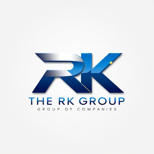 AI Design for 3D Letterform logo for a diversified business conglomerate named "THE RK GROUP" "GROUP OF COMPANIES": Abstract, interconnected geometric shapes forming the letters RK, with the tagline subtly integrated, Deep blues and metallic silver, with subtle gold accents, Sleek, modern, and authoritative sans-serif typography, Professional and sophisticated design, with sharp edges and a polished metallic finish, subtle gradient lighting to enhance depth, clean, professional gradient background