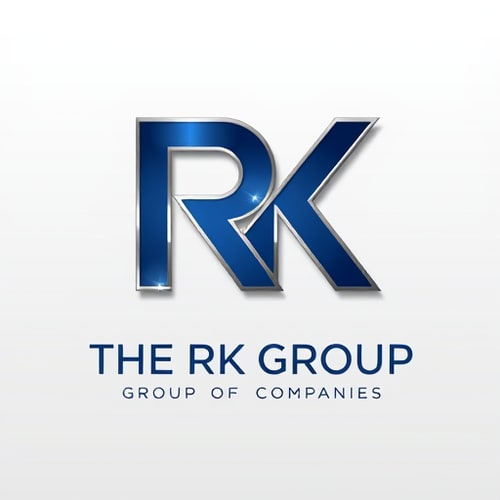 AI Design for 3D Letterform logo for a diversified business conglomerate named "THE RK GROUP" "GROUP OF COMPANIES": Abstract, interconnected geometric shapes forming the letters RK, with the tagline subtly integrated, Deep blues and metallic silver, with subtle gold accents, Sleek, modern, and authoritative sans-serif typography, Professional and sophisticated design, with sharp edges and a polished metallic finish, subtle gradient lighting to enhance depth, clean, professional gradient background