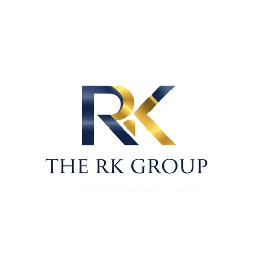 AI Design for Letterform for a diversified conglomerate named "THE RK GROUP": Interlocking 'R' and 'K' forming a strong, unified symbol representing the group's diverse businesses, with a subtle upward movement suggesting growth and ambition. A sophisticated and modern color palette of deep navy blue, brushed gold, and a touch of charcoal grey. Bold, sans-serif typography with a slightly extended width for a sense of stability and prestige. Design with an influence of modern corporate branding and architectural precision, with a visual execution of clean lines, sharp angles, and subtle metallic gradients. A solid, neutral background.