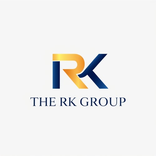 AI Design for Letterform for a diversified conglomerate named "THE RK GROUP": Interlocking 'R' and 'K' forming a strong, unified symbol representing the group's diverse businesses, with a subtle upward movement suggesting growth and ambition. A sophisticated and modern color palette of deep navy blue, brushed gold, and a touch of charcoal grey. Bold, sans-serif typography with a slightly extended width for a sense of stability and prestige. Design with an influence of modern corporate branding and architectural precision, with a visual execution of clean lines, sharp angles, and subtle metallic gradients. A solid, neutral background.