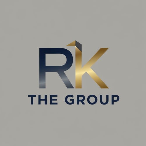 AI Design for Letterform for a diversified conglomerate named "THE RK GROUP": Interlocking 'R' and 'K' forming a strong, unified symbol representing the group's diverse businesses, with a subtle upward movement suggesting growth and ambition. A sophisticated and modern color palette of deep navy blue, brushed gold, and a touch of charcoal grey. Bold, sans-serif typography with a slightly extended width for a sense of stability and prestige. Design with an influence of modern corporate branding and architectural precision, with a visual execution of clean lines, sharp angles, and subtle metallic gradients. A solid, neutral background.