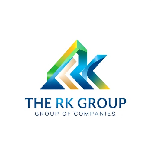 AI Design for 3D emblem logo for a diversified conglomerate named "THE RK GROUP GROUP OF COMPANIES" with a business growing theme: Abstract upward-trending geometric shapes forming a stylized "RK" intertwined with subtle imagery of growth and progress. Vibrant gradient of blues, greens, and golds, transitioning from deep blues at the base to bright golds at the peak. Bold, modern sans-serif typeface for "THE RK GROUP" with a slightly more refined, yet still strong, sans-serif for "GROUP OF COMPANIES" positioned subtly beneath. Design influenced by modern corporate architecture and abstract representation of upward momentum. Visual execution with polished metallic textures, subtle reflections, and sharp, clean edges. Subtle, soft gradient background.