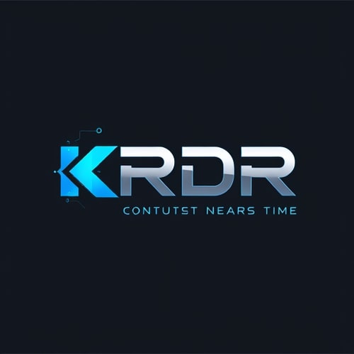 AI Design for Letterform for a computer sales and service company named "KRDR": Abstract geometric shapes representing data flow and circuitry, vibrant blue and silver with hints of electric green, modern sans-serif typography. Design a sleek and futuristic aesthetic, incorporating subtle gradients and sharp lines, on a dark gray background.