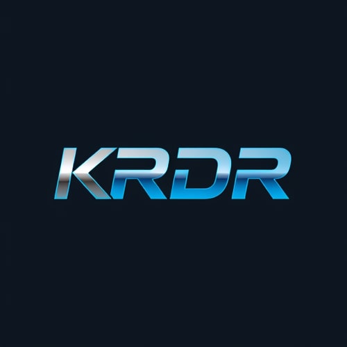 AI Design for Letterform for a computer sales and service company named "KRDR": Abstract geometric shapes representing data flow and circuitry, vibrant blue and silver with hints of electric green, modern sans-serif typography. Design a sleek and futuristic aesthetic, incorporating subtle gradients and sharp lines, on a dark gray background.
