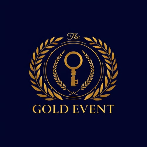 AI Design for Emblem for an event management team named "GOLD EVENT": A stylized, ornate wreath enclosing a minimalist golden key, representing access to exclusive and successful events. , Gold, Black, and a deep navy blue. , Elegant serif font for "GOLD EVENT" with a slightly condensed feel., Art Deco and luxury magazine cover styles., The key should have intricate detailing, with subtle metallic sheen effects. The wreath should be composed of delicate laurel leaves. The overall composition should feel balanced and premium. , Solid navy blue background.