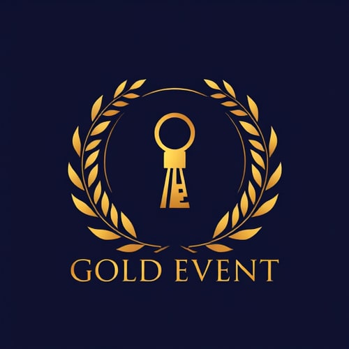 AI Design for Emblem for an event management team named "GOLD EVENT": A stylized, ornate wreath enclosing a minimalist golden key, representing access to exclusive and successful events. , Gold, Black, and a deep navy blue. , Elegant serif font for "GOLD EVENT" with a slightly condensed feel., Art Deco and luxury magazine cover styles., The key should have intricate detailing, with subtle metallic sheen effects. The wreath should be composed of delicate laurel leaves. The overall composition should feel balanced and premium. , Solid navy blue background.