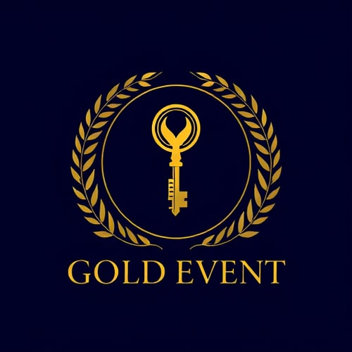 AI Design for Emblem for an event management team named "GOLD EVENT": A stylized, ornate wreath enclosing a minimalist golden key, representing access to exclusive and successful events. , Gold, Black, and a deep navy blue. , Elegant serif font for "GOLD EVENT" with a slightly condensed feel. Design Art Deco and luxury magazine cover styles, The key should have intricate detailing, with subtle metallic sheen effects. The wreath should be composed of delicate laurel leaves. The overall composition should feel balanced and premium. , Solid navy blue background.
