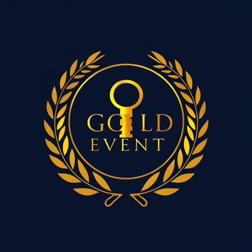 AI Design for Emblem for an event management team named "GOLD EVENT": A stylized, ornate wreath enclosing a minimalist golden key, representing access to exclusive and successful events. , Gold, Black, and a deep navy blue. , Elegant serif font for "GOLD EVENT" with a slightly condensed feel. Design Art Deco and luxury magazine cover styles, The key should have intricate detailing, with subtle metallic sheen effects. The wreath should be composed of delicate laurel leaves. The overall composition should feel balanced and premium. , Solid navy blue background.