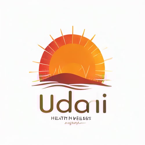 AI Design for Pictorial logo for a health and wellness brand named "Uddai": A dark orange half-risen sun with radiant rays extending outwards. At the bottom of the sun, a subtle heartbeat line seamlessly integrates into the design. Color palette: Deep oranges, warm yellows, and subtle hints of red. Typography: Clean, sans-serif font with a slightly rounded feel for the brand name. Design: Modern and inspiring, with a touch of organic warmth. Visual execution: Smooth gradients and crisp lines for the sun and rays, a delicate and flowing heartbeat graphic. Background: White or a very light gradient.