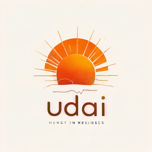 AI Design for Pictorial logo for a health and wellness brand named "Uddai": A dark orange half-risen sun with radiant rays extending outwards. At the bottom of the sun, a subtle heartbeat line seamlessly integrates into the design. Color palette: Deep oranges, warm yellows, and subtle hints of red. Typography: Clean, sans-serif font with a slightly rounded feel for the brand name. Design: Modern and inspiring, with a touch of organic warmth. Visual execution: Smooth gradients and crisp lines for the sun and rays, a delicate and flowing heartbeat graphic. Background: White or a very light gradient.