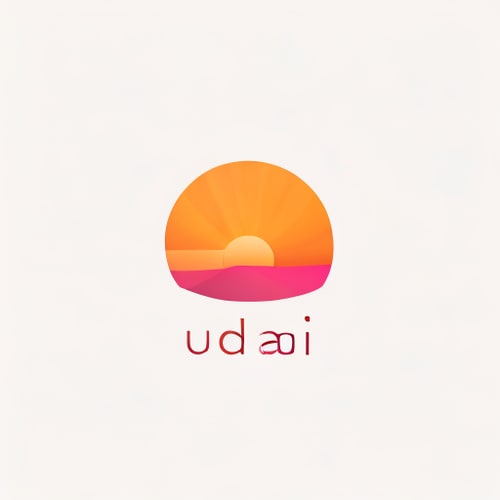 AI Design for minimalist logo for a wellness brand named "Uddai": rising sun, warm gradient of orange, yellow, and pink, modern sans-serif font. Design with subtle Asian influence, clean lines and simplified shapes, solid white background.