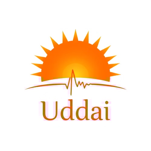 AI Design for Pictorial logo for a health and wellness brand named "Uddai": A dark orange half-risen sun with radiant rays extending outwards. At the bottom of the sun, a subtle heartbeat line seamlessly integrates into the design. Color palette: Deep oranges, warm yellows, and subtle hints of red. Typography: Clean, sans-serif font with a slightly rounded feel for the brand name. Design: Modern and inspiring, with a touch of organic warmth. Visual execution: Smooth gradients and crisp lines for the sun and rays, a delicate and flowing heartbeat graphic. Background: White or a very light gradient.