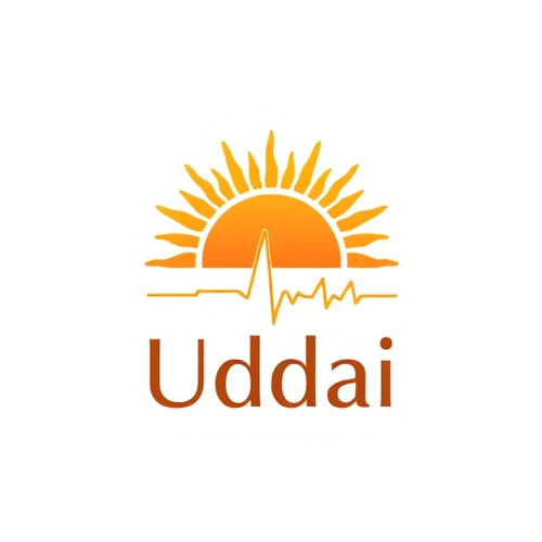 AI Design for Pictorial logo for a health and wellness brand named "Uddai": A dark orange half-risen sun with radiant rays extending outwards. At the bottom of the sun, a subtle heartbeat line seamlessly integrates into the design. Color palette: Deep oranges, warm yellows, and subtle hints of red. Typography: Clean, sans-serif font with a slightly rounded feel for the brand name. Design: Modern and inspiring, with a touch of organic warmth. Visual execution: Smooth gradients and crisp lines for the sun and rays, a delicate and flowing heartbeat graphic. Background: White or a very light gradient.