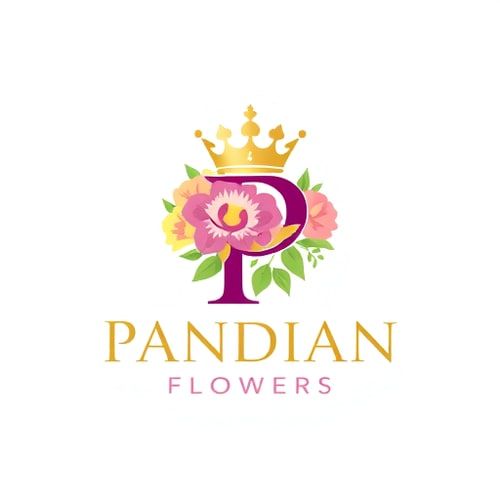 AI Design for i want to create logo for flower shop named Pandian Flowers the letter P has a crown and tha text should be in golden and the background enhance the brand name