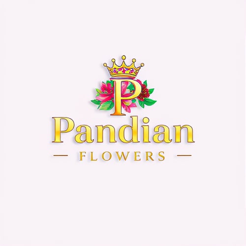 AI Design for i want to create logo for flower shop named Pandian Flowers the letter P has a crown and tha text should be in golden and the background enhance the brand name