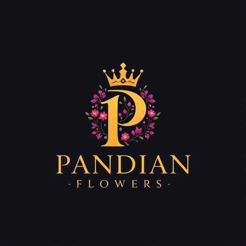 AI Design for i want to create logo for flower shop named Pandian Flowers the letter P has a crown and tha text should be in golden and the background enhance the brand name