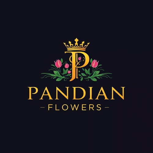 AI Design for i want to create logo for flower shop named Pandian Flowers the letter P in pandian has a crown and tha text should be in golden and the background enhance the brand name
