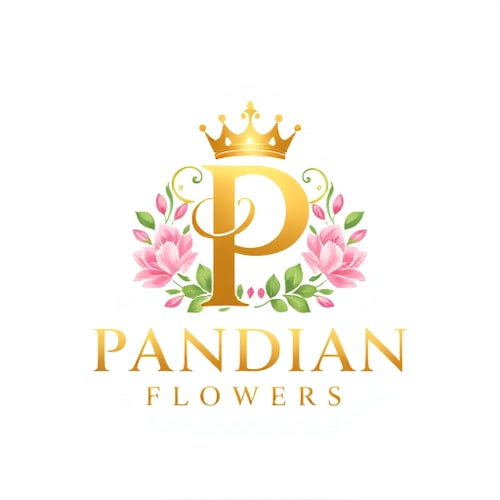 AI Design for i want to create logo for flower shop named Pandian Flowers the letter P in pandian has a crown and tha text should be in golden and the background enhance the brand name