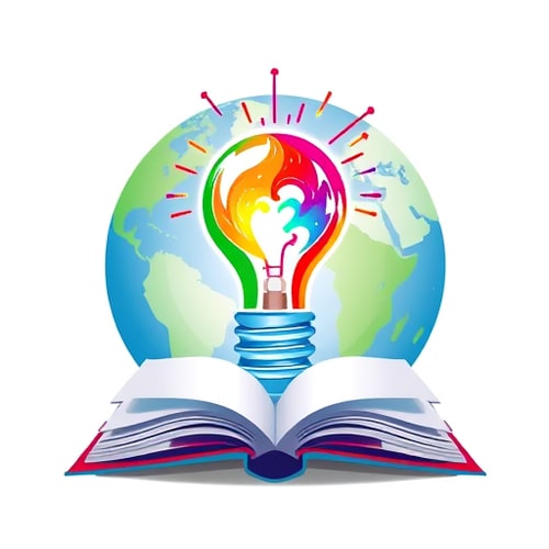 AI Design for a background of globe, on that a colourful bulb emerge from an opened book at bottom . colourful sparks from bulb, artistic effect inside bulb