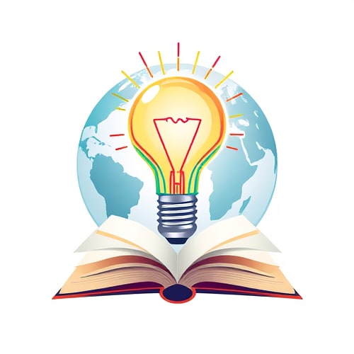 AI Design for a background of globe, on that a colourful bulb emerge from an opened book at bottom . colourful lines coming from bulb, artistic effect inside bulb