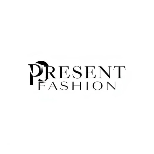 AI Design for Minimalist logo for a modern and elegant fashion brand named "Present Fashion": A clean, abstract geometric shape symbolizing timelessness and forward-thinking design, a monochromatic palette of sophisticated black and white with subtle metallic silver accents, and a sleek, sans-serif typeface. Design with a contemporary artistic influence, a precise and refined visual execution with sharp lines and balanced negative space, and a plain white background.