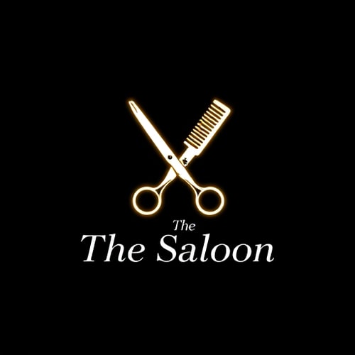AI Design for Logo design for a salon named "The Saloon". The logo should feature a pair of scissors and a comb crossed in an "X" shape, symbolizing haircut. Background should be solid black, and the scissors with comb should be in a glowing light white color for a modern and stylish look. The text "The Saloon" should be placed neatly below or around the design in bold, elegant font, also in white color.