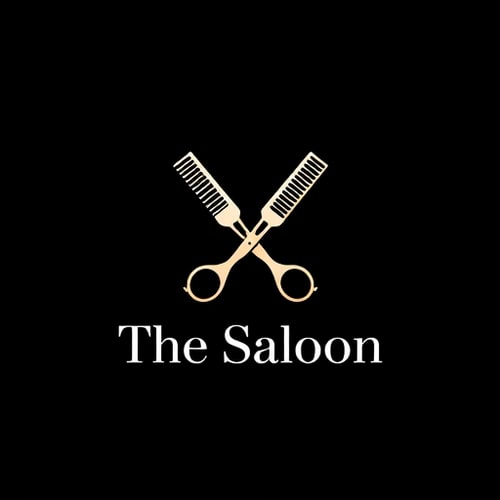 AI Design for Logo design for a salon named "The Saloon". The logo should feature a pair of scissors and a comb crossed in an "X" shape, symbolizing haircut. Background should be solid black, and the scissors with comb should be in a glowing light white color for a modern and stylish look. The text "The Saloon" should be placed neatly below or around the design in bold, elegant font, also in white color.