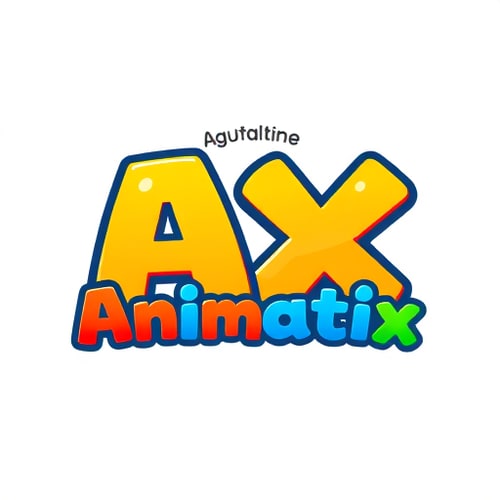 AI Design for Create a colorful cartoon-style logo with the main text 'AX' in big bubble letters, tagline 'Animatix' in playful font above it, include a small cartoon mascot like a smiling robot or cartoon eye, use bright colors like yellow, blue, red, green, fun and lively for a kids/animation YouTube channel. 