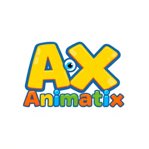 AI Design for Create a colorful cartoon-style logo with the main text 'AX' in big bubble letters, tagline 'Animatix' in playful font above it, include a small cartoon mascot like a smiling robot or cartoon eye, use bright colors like yellow, blue, red, green, fun and lively for a kids/animation YouTube channel. 