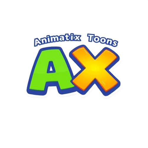 AI Design for Create a colorful cartoon-style logo with the main text 'AX' in big bubble letters, tagline 'Animatix Toons' in playful font above it, include a small cartoon mascot like a smiling robot or cartoon eye, use bright colors like yellow, blue, red, green, fun and lively for a kids/animation YouTube channel. 
