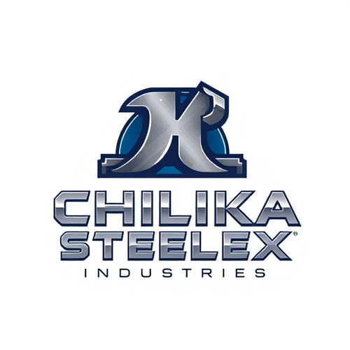 AI Design for Pictorial logo for a steel manufacturing company named "CHILIKA STEELEX INDUSTRIES": A stylized abstract representation of a metal beam or a forging hammer, a robust and modern color palette of deep blues, grays, and metallic silver, bold sans-serif typography with strong, geometric letterforms. Design with an industrial and contemporary influence, sharp lines and polished metallic textures, and a clean white background.