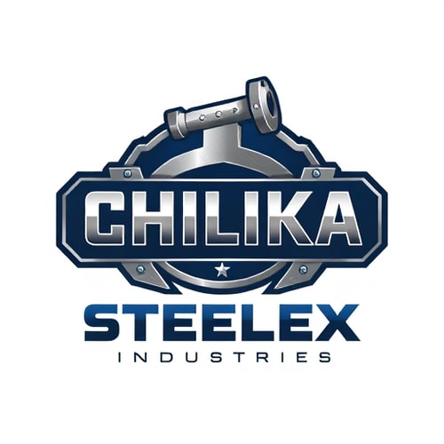AI Design for Pictorial logo for a steel manufacturing company named "CHILIKA STEELEX INDUSTRIES": A stylized abstract representation of a metal beam or a forging hammer, a robust and modern color palette of deep blues, grays, and metallic silver, bold sans-serif typography with strong, geometric letterforms. Design with an industrial and contemporary influence, sharp lines and polished metallic textures, and a clean white background.