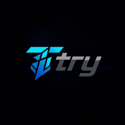 AI Design for Letterform for a gaming YouTube channel named "Try": A stylized "T" with integrated gaming elements, Blue and Grey color palette. A bold, modern, sans-serif font with sharp edges. Design inspiration from abstract geometric shapes and futuristic aesthetics, with sharp lines and subtle metallic gradients, on a dark, textured background.