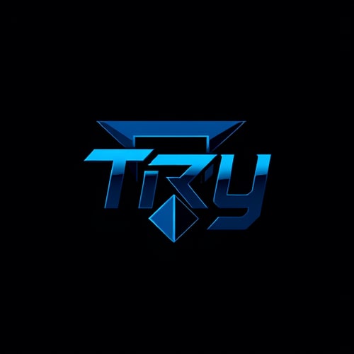AI Design for Letterform for a gaming YouTube channel named "Try": A stylized "T" with integrated gaming elements, Blue and Grey color palette. A bold, modern, sans-serif font with sharp edges. Design inspiration from abstract geometric shapes and futuristic aesthetics, with sharp lines and subtle metallic gradients, on a dark, textured background.