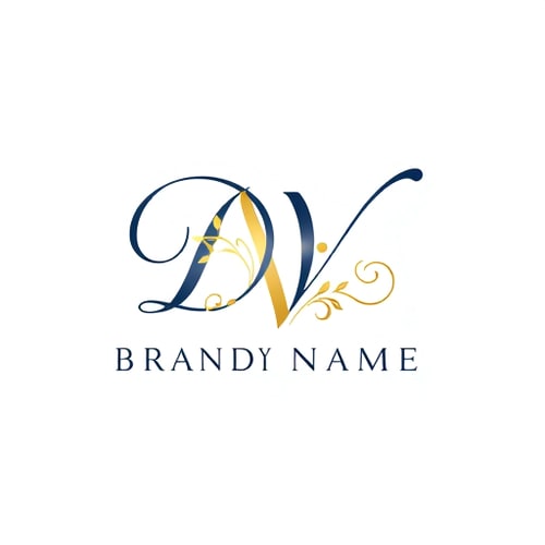 AI Design for Letterform logo for a luxury skincare brand named "Brand Name": a sophisticated intertwining of the capital letters D and V, Color palette: elegant gold and deep navy blue, Typography or stylistic treatment: flowing script font with subtle serifs. Design inspired by nature and art nouveau, with delicate floral motifs subtly incorporated into the letterforms, with a clean, polished finish, and a white background.
