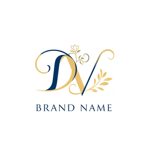 AI Design for Letterform logo for a luxury skincare brand named "Brand Name": a sophisticated intertwining of the capital letters D and V, Color palette: elegant gold and deep navy blue, Typography or stylistic treatment: flowing script font with subtle serifs. Design inspired by nature and art nouveau, with delicate floral motifs subtly incorporated into the letterforms, with a clean, polished finish, and a white background.