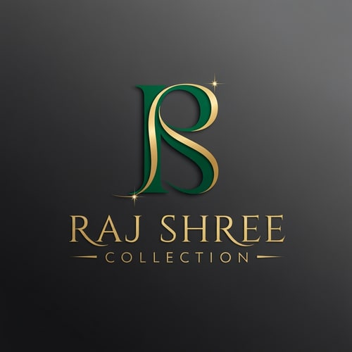 AI Design for Letterform logo for a jewelry shop named "RAJ SHREE COLLECTION": Abstract flowing lines forming a stylized "RS" motif, Gold and deep emerald green, Elegant serif typeface with subtle curves. Design inspired by Indian art nouveau and traditional filigree work, intricate metallic textures and subtle gemstone glints, dark grey background.