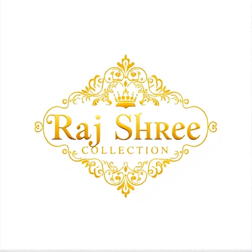 AI Design for Emblem for a luxury ornamental jewellery brand for men and women named "Raj Shree Collection": a royal emblem featuring intricate filigree work and gold color, elegant serif typography. Design with Indian royal influence and Art Deco stylistic direction, on a White velvet background.