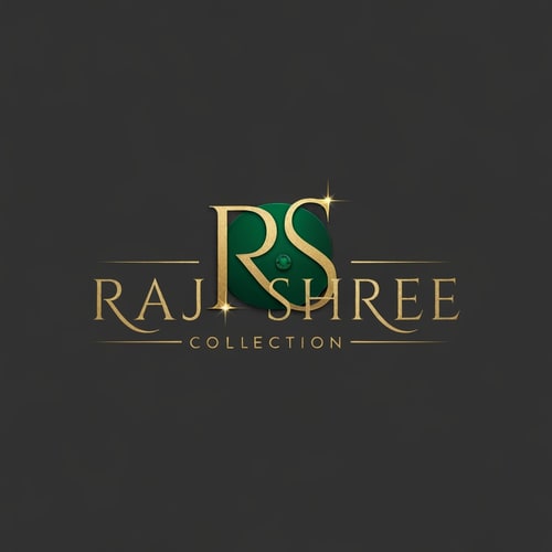 AI Design for Letterform logo for a jewelry shop named "RAJ SHREE COLLECTION": Abstract flowing lines forming a stylized "RS" motif, Gold and deep emerald green, Elegant serif typeface with subtle curves. Design inspired by Indian art nouveau and traditional filigree work, intricate metallic textures and subtle gemstone glints, dark grey background.