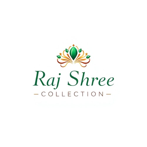 AI Design for Minimalist for a jewelry business named "Raj Shree Collection": A stylized crown or intricate jewel motif, Rose gold, deep emerald green, and champagne, Elegant serif font, Design with a modern, sophisticated influence and a hint of traditional Indian artistry, Clean lines, subtle gradients, and a polished metallic finish, Solid white