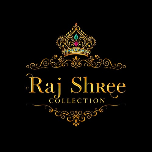 AI Design for Emblem for a luxury ornamental jewellery brand for men and women named "Raj Shree Collection": a royal emblem featuring intricate filigree work and a stylized crown, gold color, elegant serif typography. Design with Indian royal influence and Art Deco stylistic direction, detailed metallic gold textures with subtle gemstone accents, on a dark velvet background.