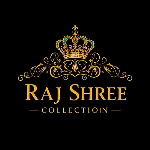 AI Design for Emblem for a luxury ornamental jewellery brand for men and women named "Raj Shree Collection": a royal emblem featuring intricate filigree work and a stylized crown, gold color, elegant serif typography. Design with Indian royal influence and Art Deco stylistic direction, detailed metallic gold textures with subtle gemstone accents, on a dark velvet background.