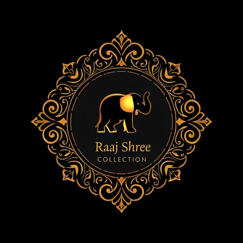 AI Design for “Create a luxurious and ornamental logo for Raj Shree Collection, a goldsmith jewellery brand for men and women. The design should feature a royal emblem style similar to heritage jewellery logos, with intricate floral/ornamental patterns forming the frame. Cleverly incorporate a hidden elephant shape within the ornaments or negative space, symbolizing strength, tradition, and prosperity. Use gold as the main color with elegant serif typography for the brand name. Provide two versions: one on a black/dark background and one on a white/light background.”