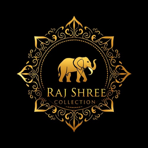 AI Design for “Create a luxurious and ornamental logo for Raj Shree Collection, a goldsmith jewellery brand for men and women. The design should feature a royal emblem style similar to heritage jewellery logos, with intricate floral/ornamental patterns forming the frame. Cleverly incorporate a hidden elephant shape within the ornaments or negative space, symbolizing strength, tradition, and prosperity. Use gold as the main color with elegant serif typography for the brand name. Provide two versions: one on a black/dark background and one on a white/light background.”