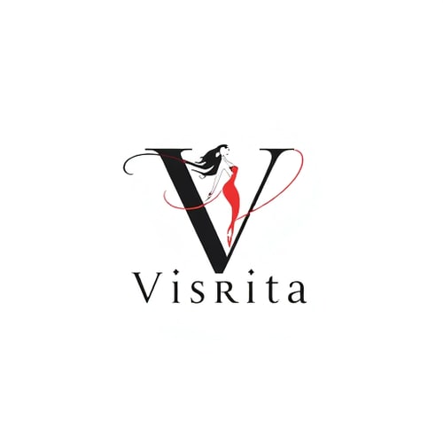 AI Design for Logo design for a fashion brand named "Visrita". The main focus is a large customized letter "V", styled with fashion-related elements such as a flowing fabric line, elegant girl silhouette, hanger detail, or abstract floral touch. Below the V, write "Visrita" in a simple, clean sans-serif font (not cursive). Minimal, modern, and classy design, vector logo, no background.