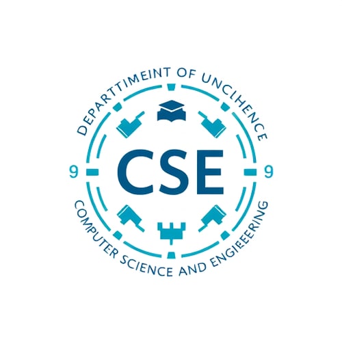 AI Design for "Design a modern, professional, and academic logo for the Department of Computer Science and Engineering (CSE). The logo should represent technology, innovation, and knowledge. Key elements to symbolize include: Core themes of CSE: computer, coding, circuits, algorithms, data networks, and artificial intelligence. Abstract representations: binary code (0s and 1s), neural networks, cloud, gears, or digital circuits. Educational aspect: a subtle academic touch such as a book, graduation cap, or abstract knowledge symbol. Style: clean, minimal, and futuristic with balanced symmetry. Shape preference: circular or shield-like form for institutional feel, or abstract geometric for modernity. Color palette: Blue (technology, trust), White (knowledge, clarity), and accents of Green or Orange (innovation and energy). Avoid too many colors. Typography: If text is included, use 'CSE' or 'Department of Computer Science & Engineering' in a modern sans-serif font, well-integrated with the logo. Usability: The logo should look good in both print (stationery, certificates) and digital formats (websites, dashboards, presentations). Overall impression: A forward-looking, intellectual, and innovative identity that reflects the blend of computing, engineering, and education."