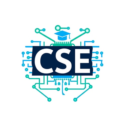 AI Design for Make a contemporary and minimalistic logo for CSE that combines a stylized computer chip, coding brackets { }, and data network nodes. Use geometric shapes and flat design principles with a blue and green color palette. The logo should symbolize innovation, technology, and education while being scalable and suitable for academic and corporate branding."