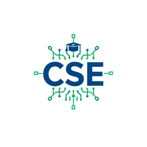 AI Design for Construct a modern logo for the Computer Science and Engineering department that highlights artificial intelligence themes with neural network visuals integrated with circuit patterns. Include subtle academic symbols like a graduation cap or book. Opt for a clean, flat design in blue, white, and green to represent trust, clarity, and innovation. Text ‘CSE’ should be minimalist and well balanced with the logo."